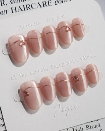 Simple love press-on nails — Gentle Blush Cat Eye, Simple Gold Lines & 3D Hearts. handmade nail art by Joyee Nails