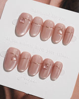 Simple love press-on nails — Gentle Blush Cat Eye, Simple Gold Lines & 3D Hearts. handmade nail art by Joyee Nails