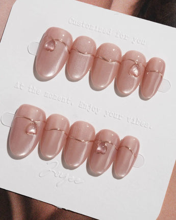 Simple love press-on nails — Gentle Blush Cat Eye, Simple Gold Lines & 3D Hearts. handmade nail art by Joyee Nails