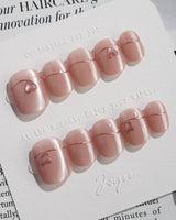 Simple love press-on nails — Gentle Blush Cat Eye, Simple Gold Lines & 3D Hearts. handmade nail art by Joyee Nails