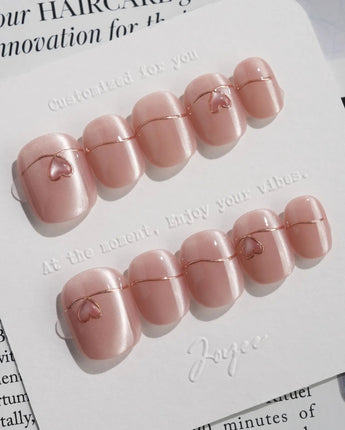 Simple love press-on nails — Gentle Blush Cat Eye, Simple Gold Lines & 3D Hearts. handmade nail art by Joyee Nails