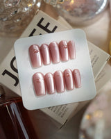 Simple love press-on nails in medium square shape — Gentle Blush Cat Eye, Simple Gold Lines & 3D Hearts.