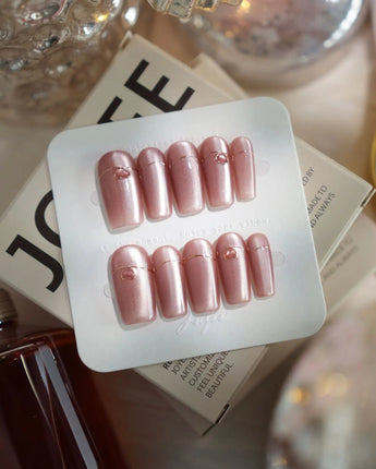 Simple love press-on nails in medium square shape — Gentle Blush Cat Eye, Simple Gold Lines & 3D Hearts.
