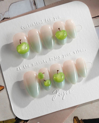Slushie Apple summer brunch nails with washed-apple gloss and cool blue ombre