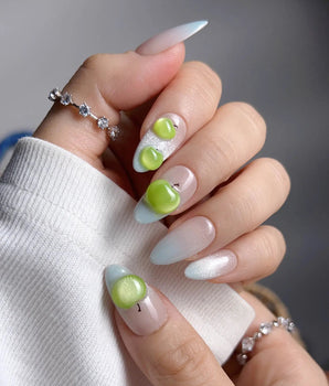 Slushie Apple fresh summer nails with sheer blue ombre and glossy green apple details