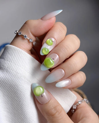 Slushie Apple press-on nail set — Icy Blue Cat-eye Gradient, 3D Green Apples. design, hand-painted with real gel polish