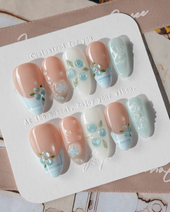 Slushie Blueberry handmade nails with soft nude, blue plaid, and raised fruit details