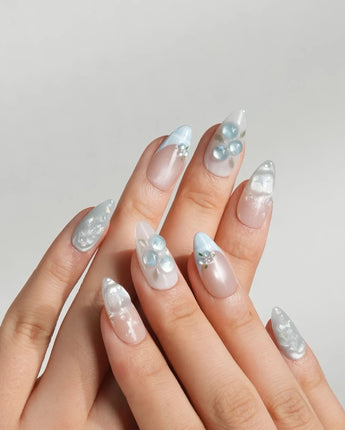 Slushie Blueberry handmade press-on nails featuring Nude cat eye& Icy Blue Plaid, 3D Blueberries