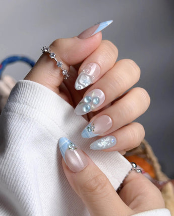 Slushie Blueberry press-on nail set — Nude cat eye& Icy Blue Plaid, 3D Blueberries design, hand-painted with real gel polish