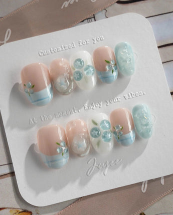 Slushie Blueberry press-on nails — Nude cat eye& Icy Blue Plaid, 3D Blueberries handmade nail art by Joyee Nails