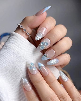 Slushie Blueberry short almond nails with fresh berry charms and shimmering ice details