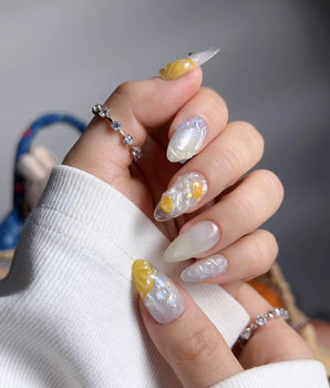 Slushie Lemon short almond nail set with frozen glass effect and 3D lemon soda art