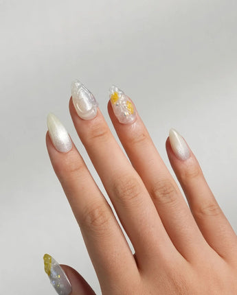 Slushie Lemon soft summer nails with translucent grey white glitter and citrus accents