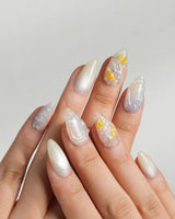 Slushie Lemon icy translucent nails with yellow lemon slices and crushed glitter
