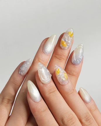 Slushie Lemon handmade press-on nails featuring Translucent Grey & White Glitter, 3D Lemon Soda.