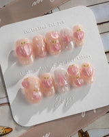 Slushie Peach short almond nails with juicy 3D fruit and glistening water droplets