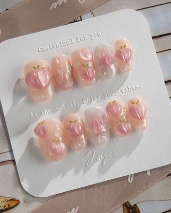 Slushie Peach short almond nails with juicy 3D fruit and glistening water droplets