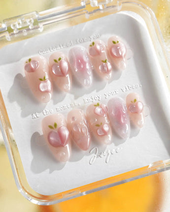 Slushie Peach press-on nail set — pink ombre & 3D Peaches & Water Droplets design, hand-painted with real gel polish