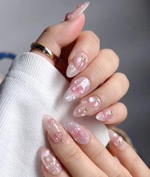 Slushie Peach handmade press-on nails featuring pink ombre & 3D Peaches & Water Droplets