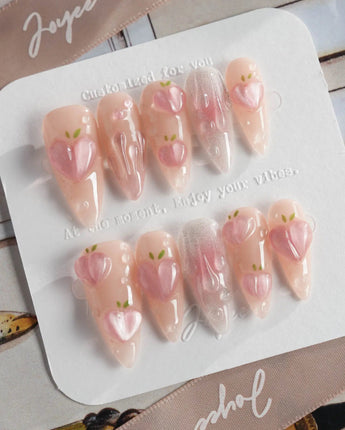 Slushie Peach fruity crush nails with peach charms and sparkling dewdrop texture