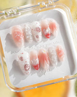 Slushie Strawberry close-up of 3D strawberry slices, white pink gradient, and bubbles