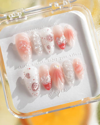 Slushie Strawberry close-up of 3D strawberry slices, white pink gradient, and bubbles