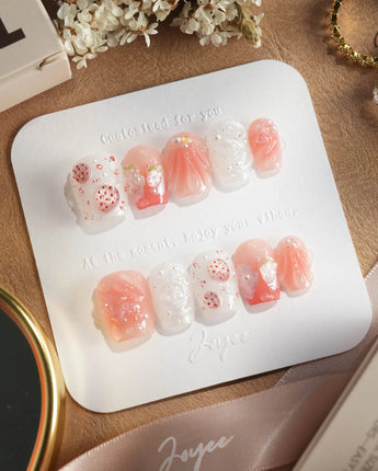 Slushie Strawberry fruit nails with white pink gradient, shells, and raised gel texture