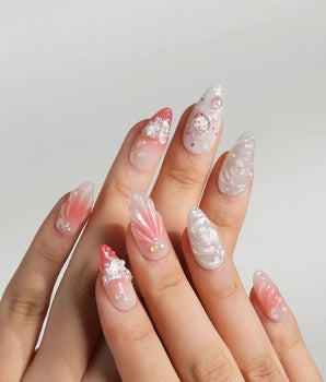 Slushie Strawberry candycore press-on nails with strawberry soda shine and shell accents