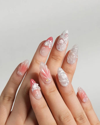 Slushie Strawberry handmade press-on nails featuring White & Pink Gradient, 3D Strawberry & Shells.