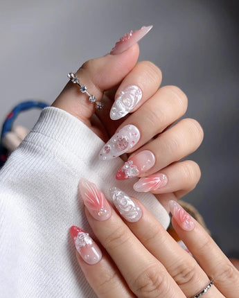 Slushie Strawberry press-on nails — White & Pink Gradient,