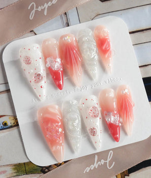 Slushie Strawberry pink-to-white ombre nails with 3D strawberry slices and bubbly texture