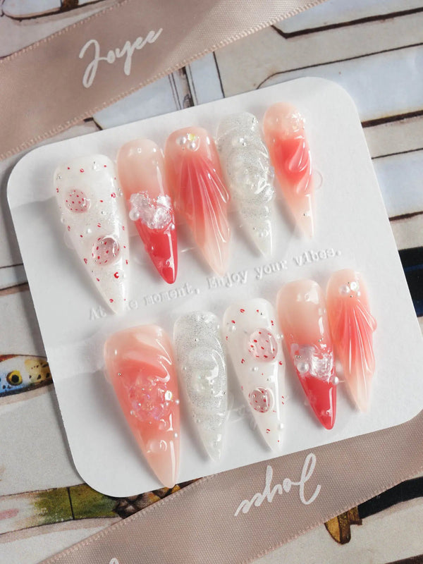 Slushie Strawberry pink-to-white ombre nails with 3D strawberry slices and bubbly texture