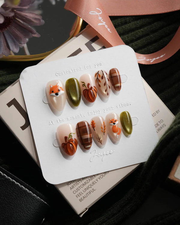 Sly Fox Extra Short Almond with brown cute Animal non-3d handmade press-on nails - image 3