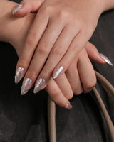 Velvet Twist press-on nails — Pink silver chrome swirl 3D sculpted glitter overlay handmade nail art by Joyee Nails