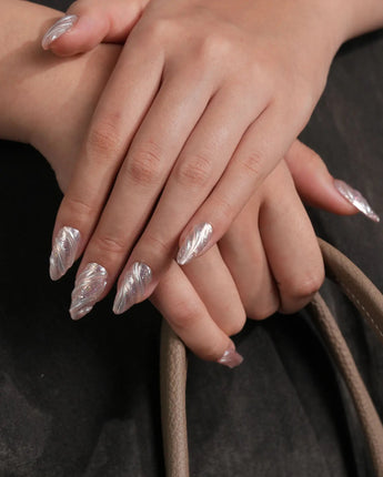 Velvet Twist press-on nails — Pink silver chrome swirl 3D sculpted glitter overlay handmade nail art by Joyee Nails
