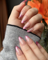 Soft Glow press-on nail set — Pinkish Purple Cat Eye, French Glittery Stars. design, hand-painted with real gel polish