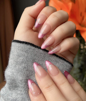Soft Glow press-on nail set — Pinkish Purple Cat Eye, French Glittery Stars. design, hand-painted with real gel polish