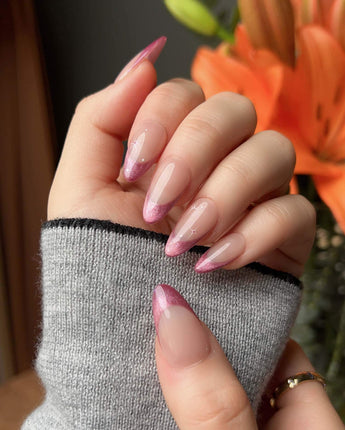 Soft Glow press-on nails — Pinkish Purple Cat Eye, French Glittery Stars. handmade nail art by Joyee Nails