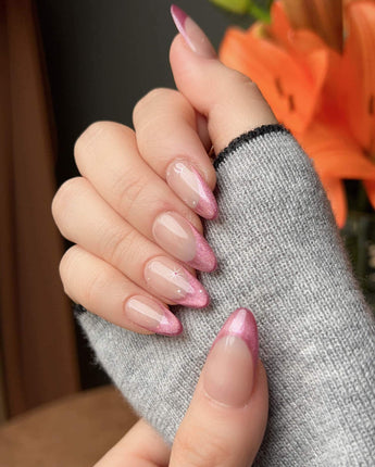 Soft Glow press-on nails — Pinkish Purple Cat Eye, French Glittery Stars. handmade nail art by Joyee Nails