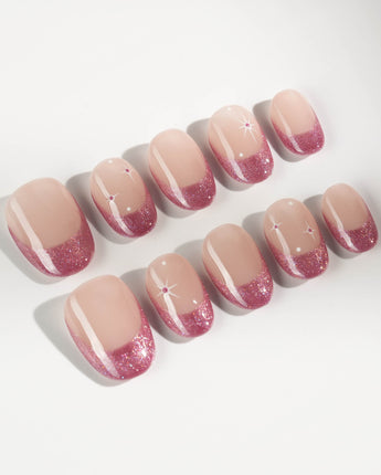 Soft Glow press-on nails in extra short oval shape — Pinkish Purple Cat Eye, French Glittery Stars.