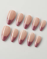 Soft Glow press-on nails in medium almond shape — Pinkish Purple Cat Eye, French Glittery Stars.