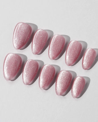 Soft Romance press-on nails in extra short almond shape — rose pink cat eye magnetic shimmer nails
