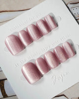 Soft Romance press-on nails in extra short square shape — rose pink cat eye magnetic shimmer nails