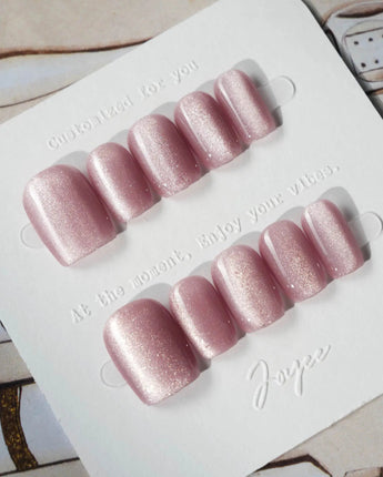 Soft Romance press-on nails in extra short square shape — rose pink cat eye magnetic shimmer nails