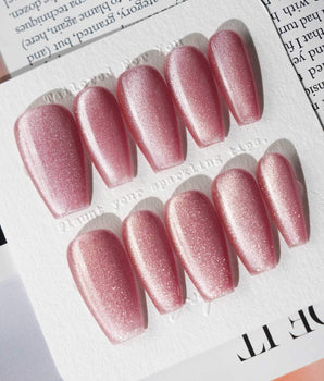 Soft Romance handmade press-on nails featuring rose pink cat eye magnetic shimmer nails