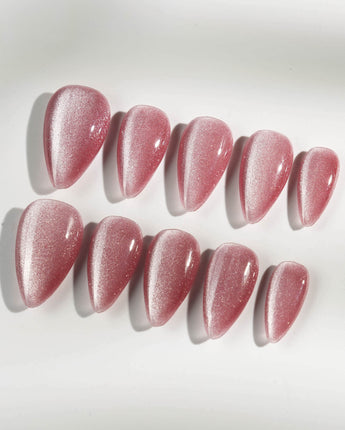 Soft Romance press-on nails in short stiletto shape — rose pink cat eye magnetic shimmer nails