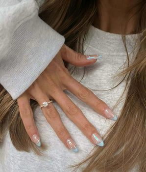 Sparkling Wine handmade nail set with reflective blue chrome French manicure
