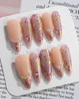 Falling Sakura press-on nails — Elegant Rosy Mauve, Hand-painted Blooms & Pearls. handmade nail art by Joyee Nails