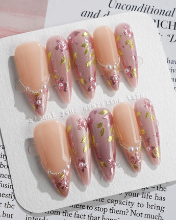 Falling Sakura press-on nails — Elegant Rosy Mauve, Hand-painted Blooms & Pearls. handmade nail art by Joyee Nails