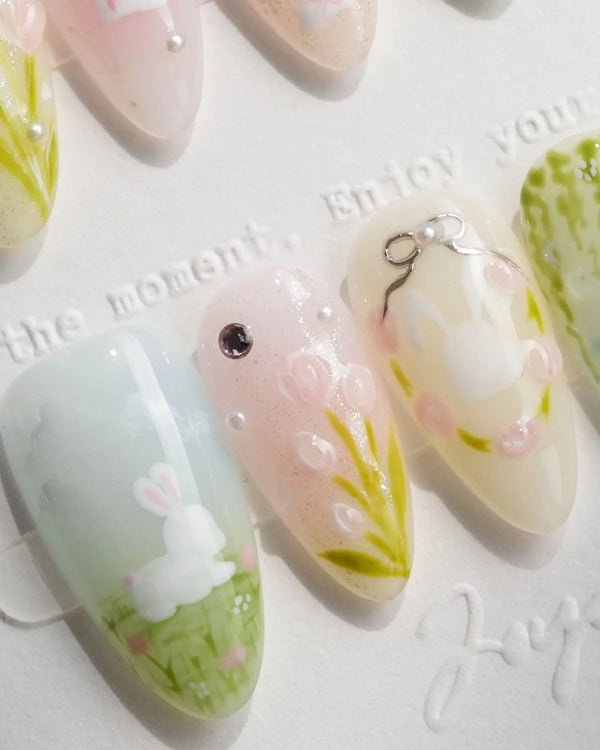 Spring Whisper handmade press-on nails featuring Fresh Picture-book Style, Hand-painted Bunnies, Tulips & Weeping Willows.